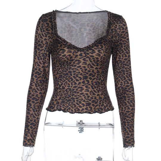 Damen elegantes Leopardenmuster Langarmoberteil R&B