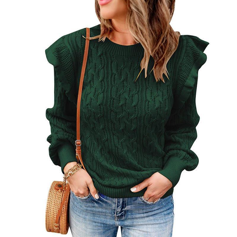 Damen Grobstrickpullover mit Rüschenärmeln und modischem Muster R&B