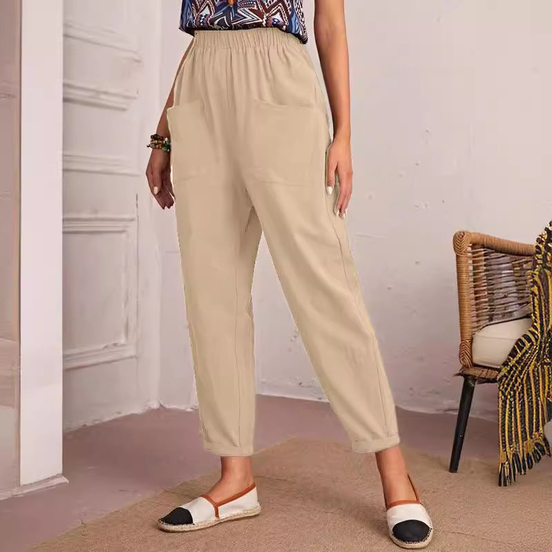 Damen Trendige Leinenhose mit elastischem Bund und praktischen Taschen R&B