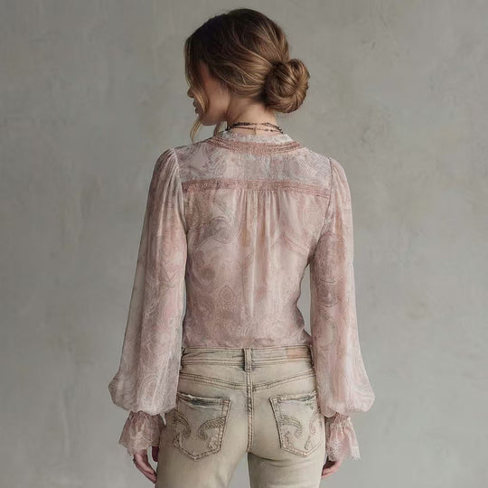Damen transparente Bluse mit voluminösen Ärmeln und modernem Muster R&B