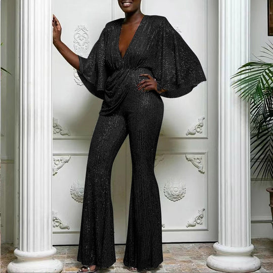 Damen Glamouröser Jumpsuit mit funkelnden Pailletten und weitem Bein R&B