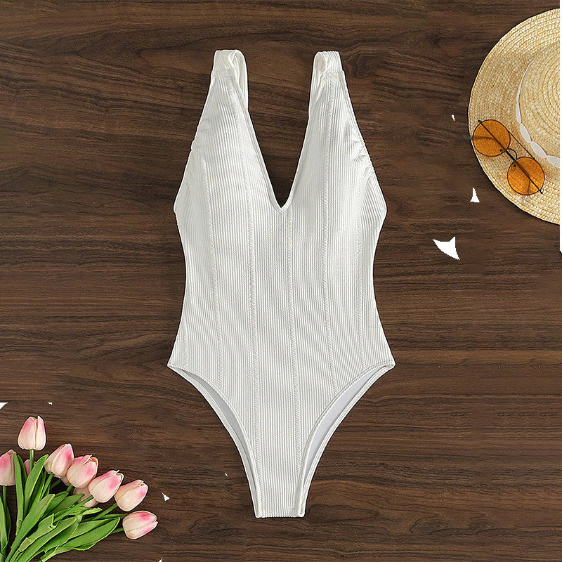Damen Einteiliger Badeanzug mit tiefem V-Ausschnitt und strukturiertem Design