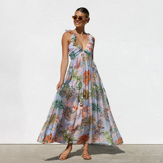 Damen Maxikleid mit Volantärmel und floralem Design R&B