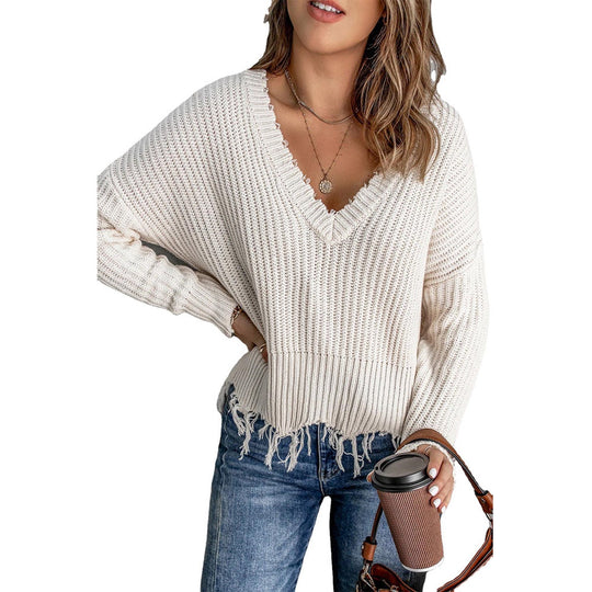 Damen lässiger V-Ausschnitt Pullover mit Fransen und strukturierter Strickoptik R&B