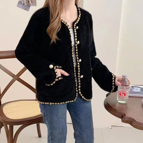Damen Elegante Strickjacke mit dekorativen Perlenknöpfen und feiner Struktur R&B