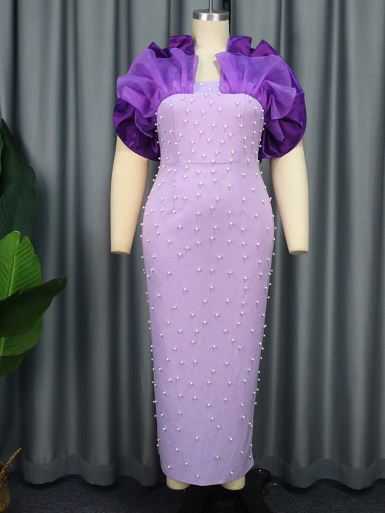 Damen Figurbetontes Abendkleid mit dramatischen Puffärmeln und Perlenakzenten R&B