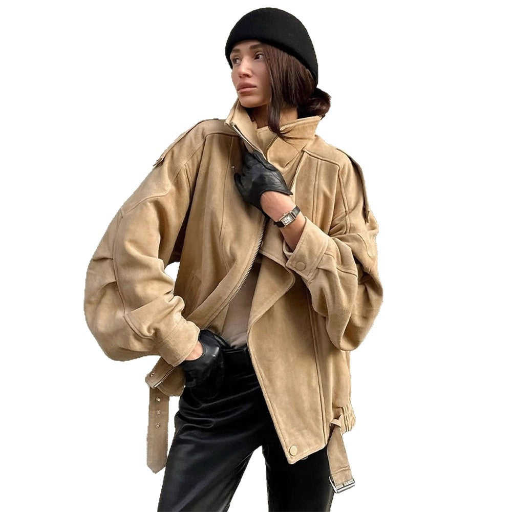 Damen Oversized Wildlederjacke mit asymmetrischem Schnitt und modischen Details R&B