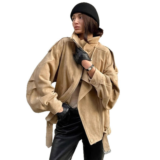 Damen Oversized Wildlederjacke mit asymmetrischem Schnitt und modischen Details R&B