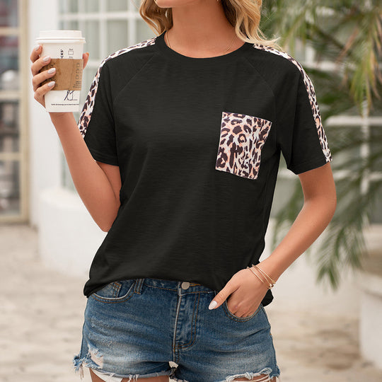 Damen lässiges T-Shirt mit modischem Tierdruck und praktischem Brusttaschen-Design R&B