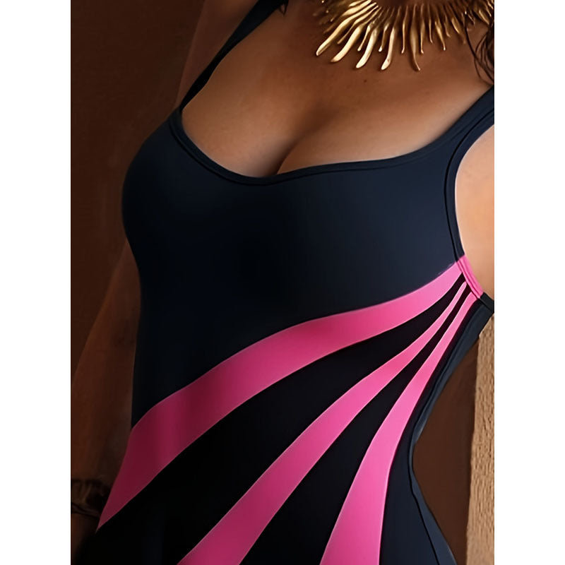 Damen Einteiler Badeanzug mit sportlichem Streifenmuster R&B