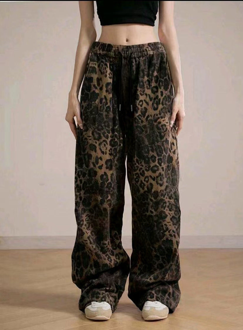 Damen Weit geschnittene Leinenhose mit Leopardenmuster R&B