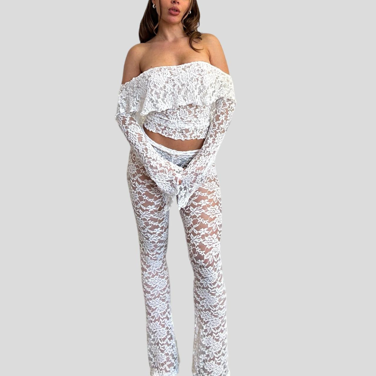 Damen Spitzen-Crop-Top mit weitem Ärmel und passenden Hose R&B