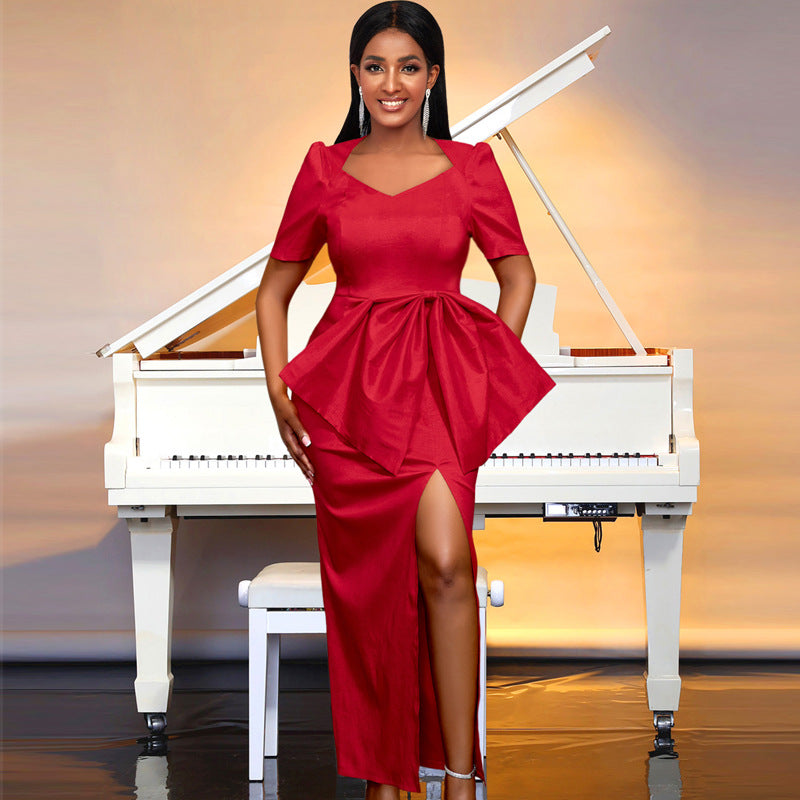 Damen Maxikleid mit eleganter Drapierung und voluminösem Rock R&B