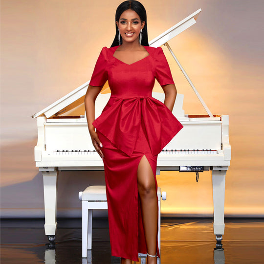 Damen Maxikleid mit eleganter Drapierung und voluminösem Rock R&B