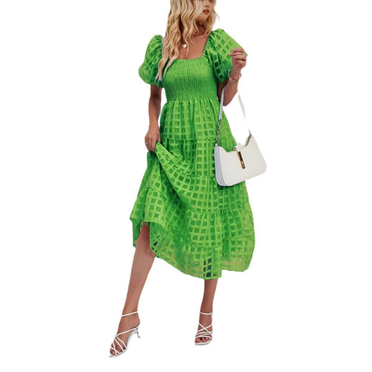 Damen Midi-Kleid mit Puffärmeln und elastischem Taillengürtel R&B