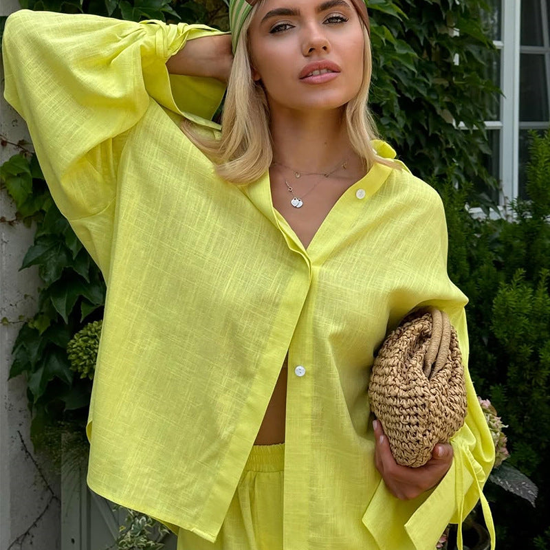 Damen Leichte Leinen-Loungewear-Kombination mit lässiger Short und oversized Hemd R&B
