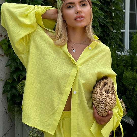 Damen Leichte Leinen-Loungewear-Kombination mit lässiger Short und oversized Hemd R&B
