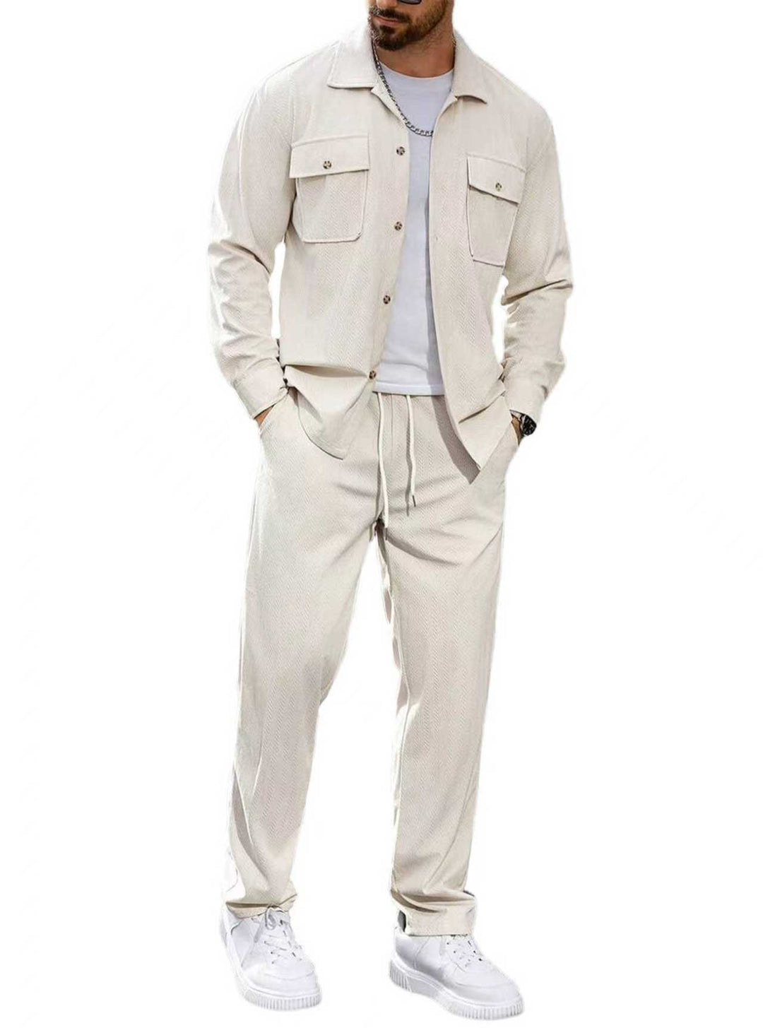 Herren nan lässiger Zweiteiler Hemdjacke mit aufgesetzten Brusttaschen und Kordelzughose R&B