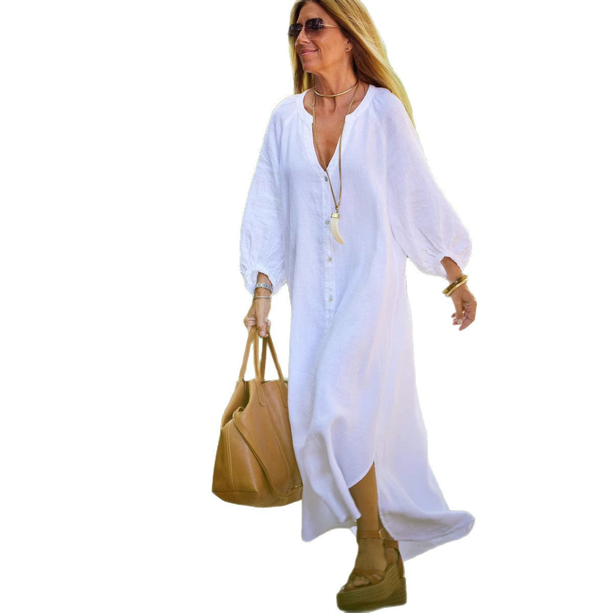 Damen lässiges Langarmkleid mit Knopfleiste und Ballonärmeln R&B