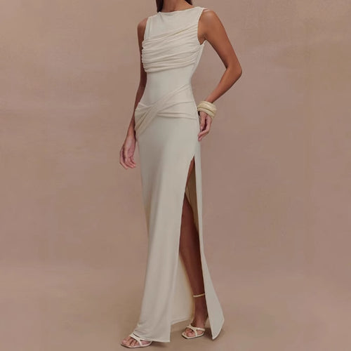 Damen Elegantes Maxi-Kleid mit drapiertem Oberteil und seitlichem Schlitz R&B