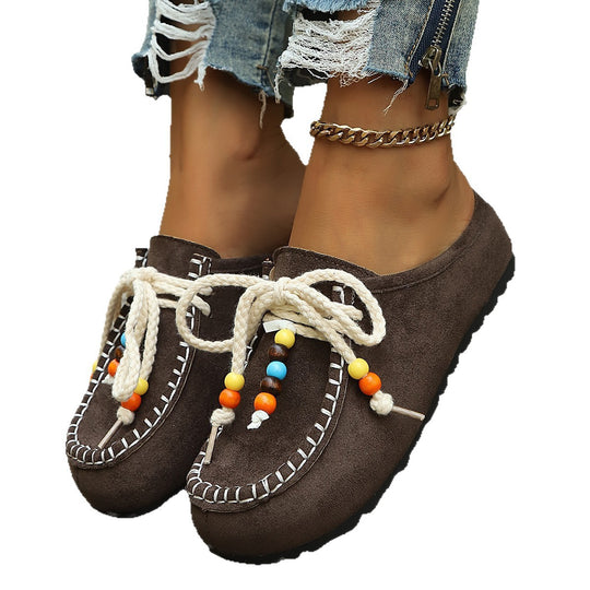 Damen Mokassins aus weichem Wildleder mit dekorativen Perlen und bequemer Sohle R&B