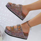 Damen Glamouröse Plateau-Sandalen mit verzierten Schnallen und rutschfester Sohle