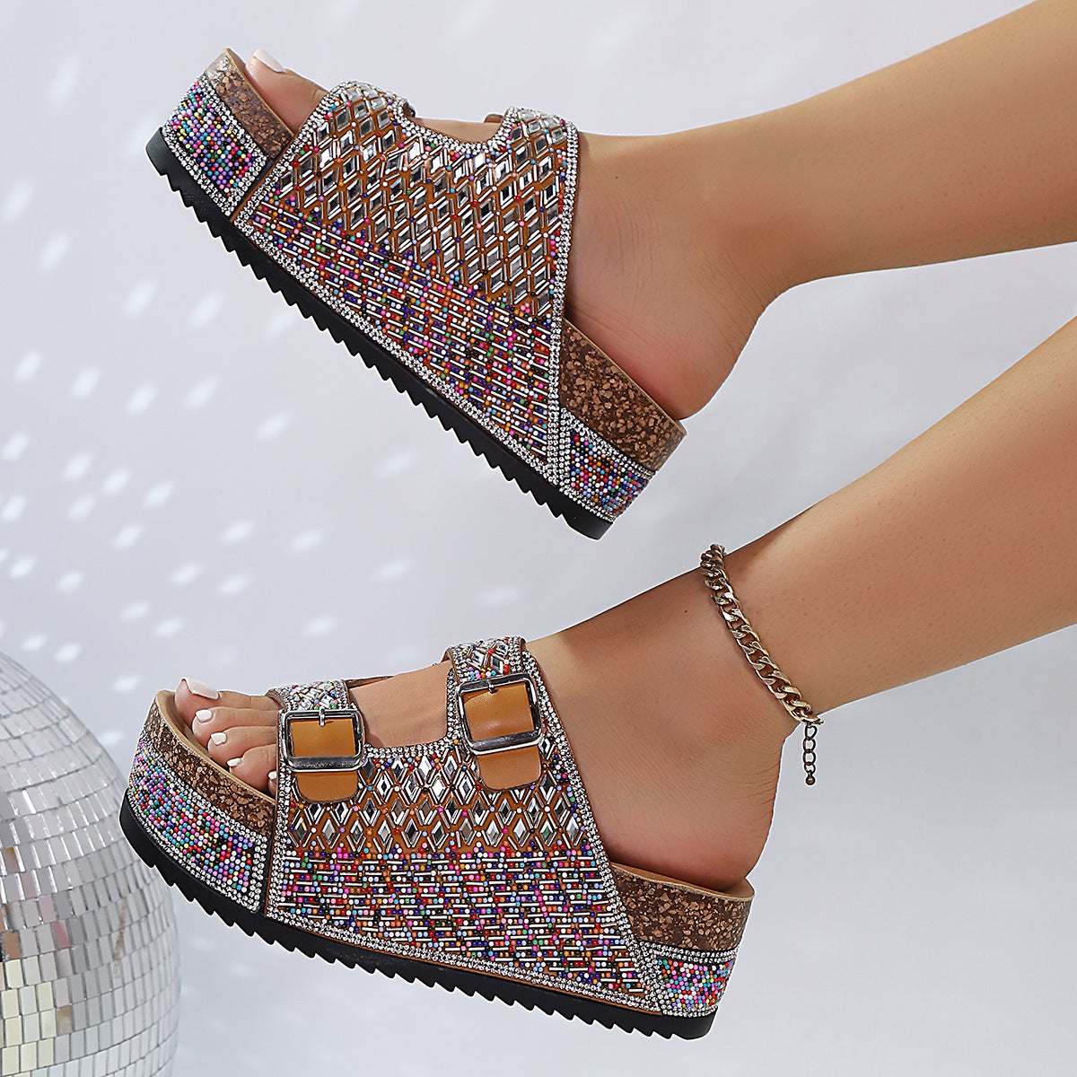 Damen Glamouröse Plateau-Sandalen mit verzierten Schnallen und rutschfester Sohle