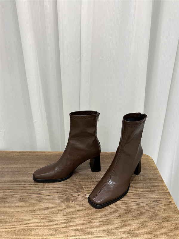 Damen Trendige Ankle Boots mit hohem Blockabsatz und edler Lederoberfläche R&B