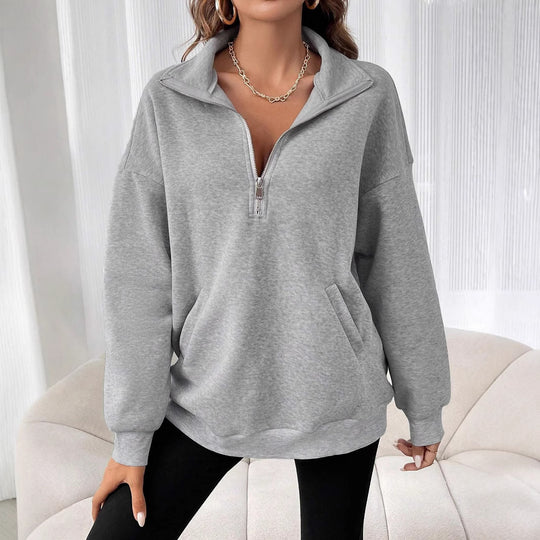 Damen Freizeitlicher Pullover mit kurzem Reißverschluss und Kängurutasche R&B