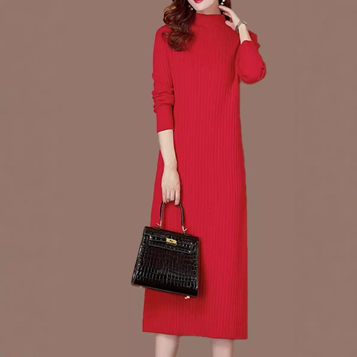 Damen Strickkleid mit feiner Rippstruktur und hohem Kragen R&B