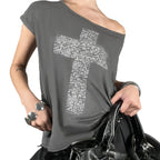 Damen Off-Shoulder Shirt mit Kreuzmotiv R&B