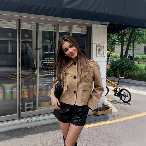 Damen modische Wildlederjacke mit aufgesetzten Taschen R&B