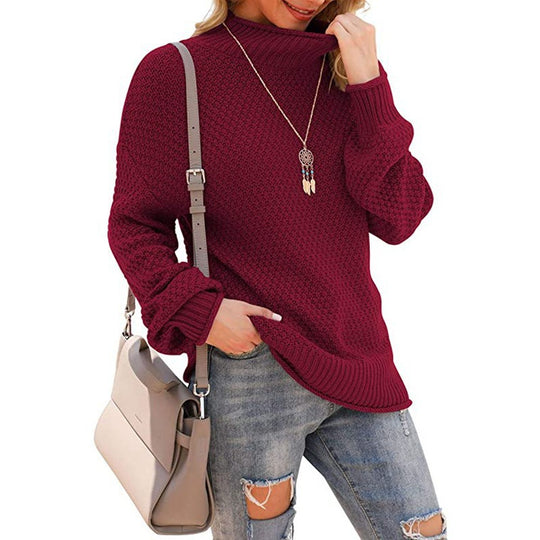 Damen Grobstrickpullover mit hohem Kragen und bequemen Ärmeln R&B