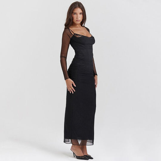 Damen Elegantes unifarbene langes Abendkleid mit transparenten Ärmeln R&B