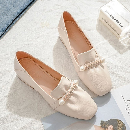 Damen Elegante Ballerinas mit modischem Perlenschmuck und komfortablem Blockabsatz R&B