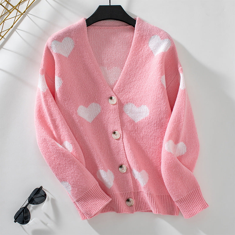 Damen modische Strickjacke mit Herzmotiven und Knöpfen R&B
