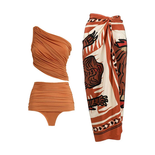 Damen Hochtaillierter Bikini mit asymmetrischem Oberteil und Wickelrock R&B
