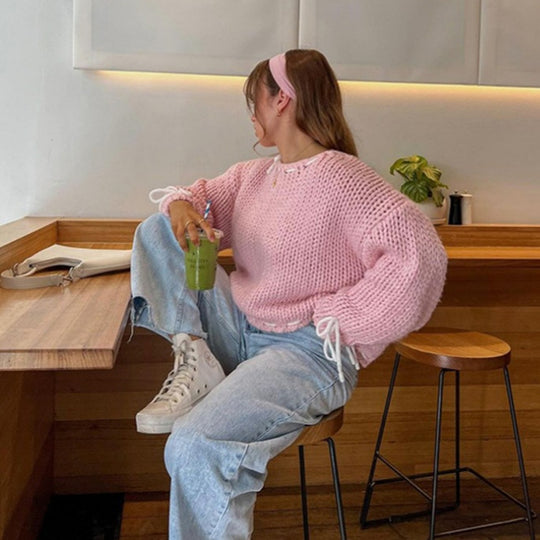 Damen lässiger Pullover mit offener Schulter und dekorativem Bindegürtel R&B