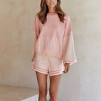 Damen nan fein gestreiftes Strick-Relax-Set mit weitem Fledermausärmel-Pullover und elastischer Taillen-Shorts R&B