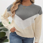 Damen Strickpullover mit V-Ausschnitt und Farbblockdesign