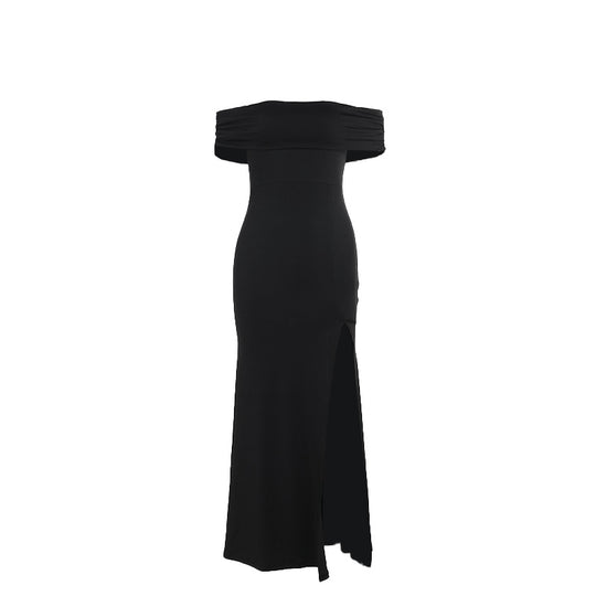 Damen Maxi-Kleid mit schulterfreiem Design und elegantem Schlitz R&B