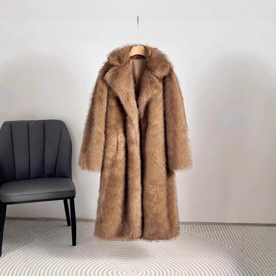 Damen Eleganter Pelzmantel mit großen Taschen R&B
