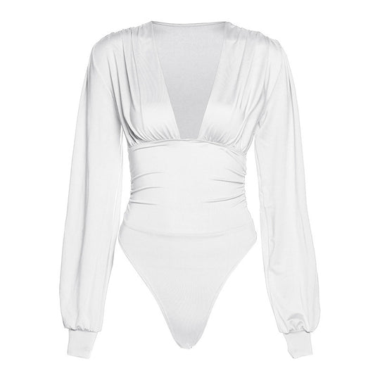Damen Eleganter Langarm-Bodysuit mit V-Ausschnitt R&B