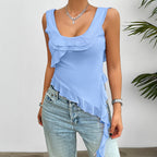 Damen asymmetrisches Rüschentop mit tiefem Ausschnitt und verführerischen Details R&B