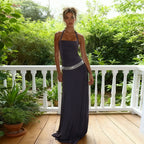 Damen elegantes Maxikleid mit schimmerndem Halterdesign und glitzerndem Taillengürtel R&B