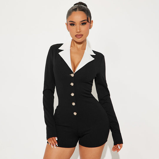 Damen modischer Jumpsuit mit tiefem V-Ausschnitt und eleganter Kragen R&B