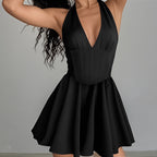 Damen Elegantes Figurbetontes Freizeitkleid mit V-Ausschnitt und ausgestelltem Rock R&B