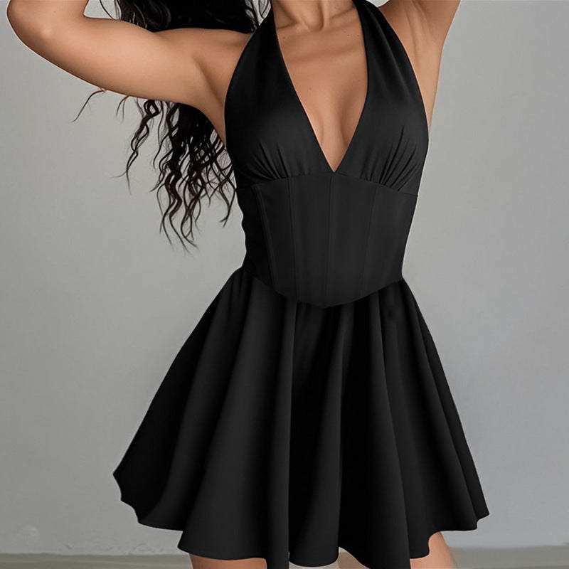 Damen Elegantes Figurbetontes Freizeitkleid mit V-Ausschnitt und ausgestelltem Rock R&B