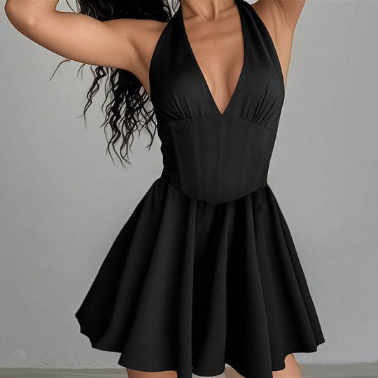 Damen Elegantes Figurbetontes Freizeitkleid mit V-Ausschnitt und ausgestelltem Rock R&B