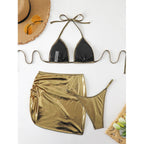 Damen Glänzender Triangel-Bikini mit Raffung und verspieltem Rock R&B